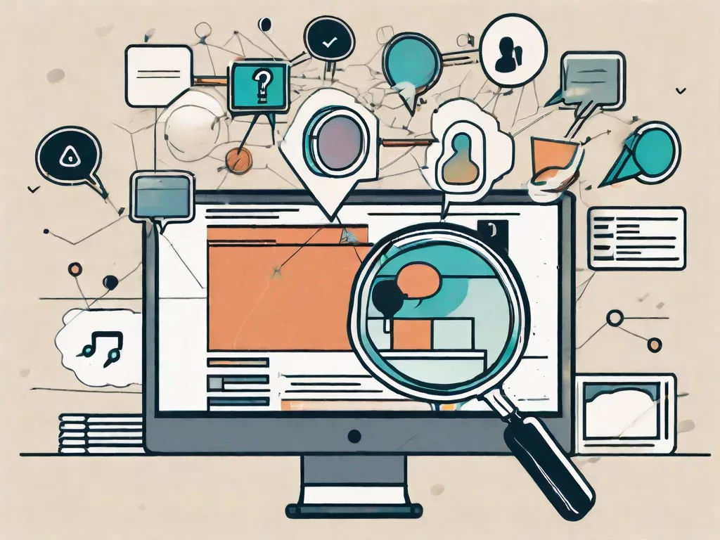 A magnifying glass hovering over a computer screen displaying various symbols representing different types of content (like video
