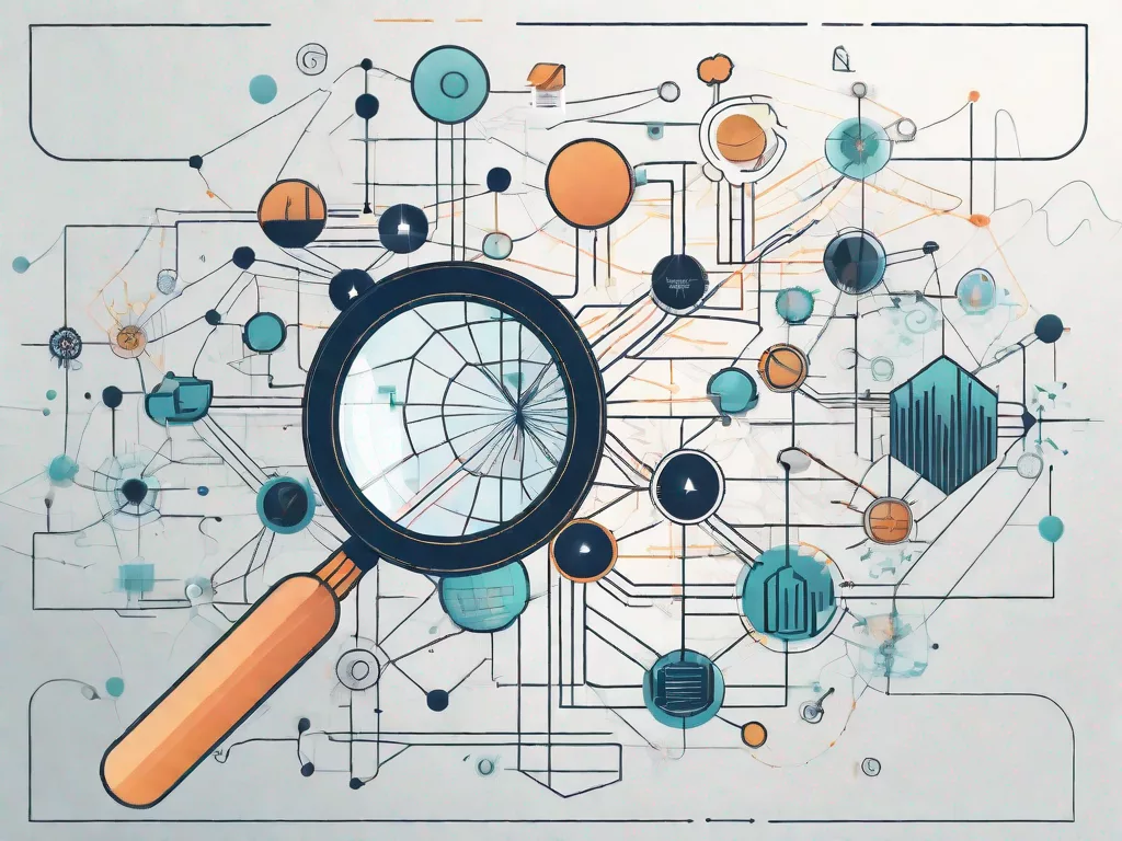 A magnifying glass hovering over a complex digital network